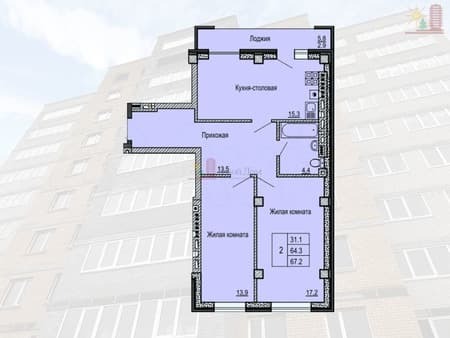 Продажа двухкомнатной квартиры, 67.2 м², этаж 2 из 10. Фото 1