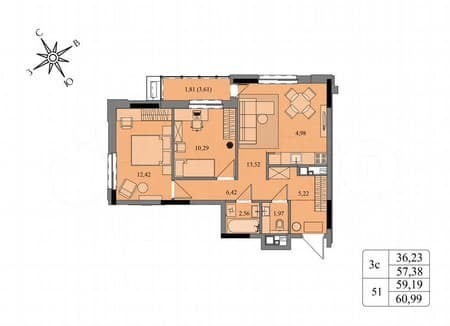 Продаем трехкомнатную квартиру, 59.2 м², этаж 4 из 17. Фото 1