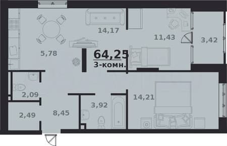 Продажа трехкомнатной квартиры, 64.3 м², этаж 7 из 16. Фото 3