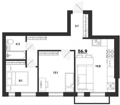 2-комн. квартира, 56.9 м²