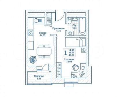 Продается однокомнатная квартира, 40.3 м², этаж 2 из 7. Фото 1