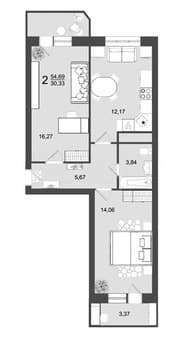 Купить двухкомнатную квартиру, 54.7 м², этаж 9 из 9. Фото 1