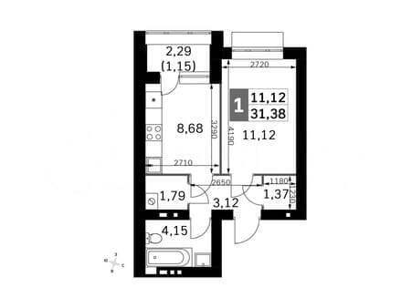 Купить однокомнатную квартиру, 31.4 м², этаж 2 из 4. Фото 1