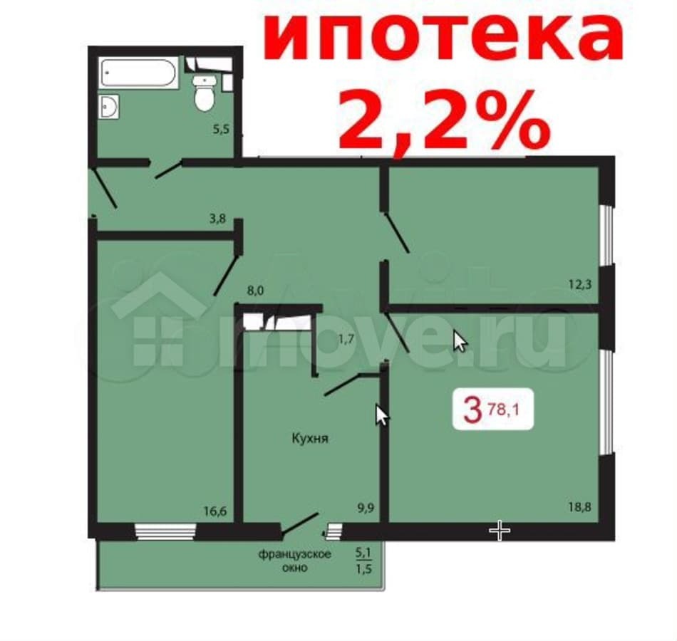 3-комн. квартира, 78.1 м²