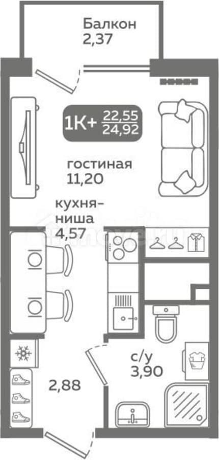 студия, 22.6 м²