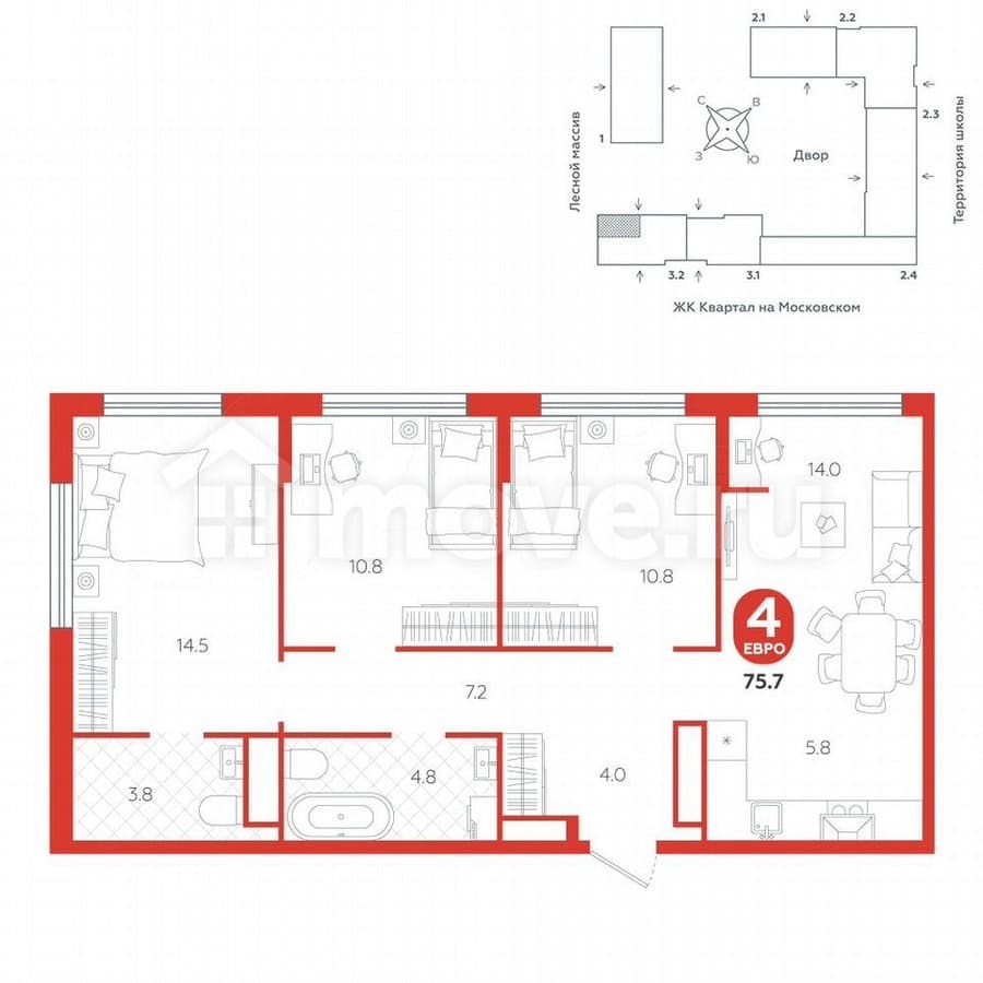 4-комн. квартира, 75.7 м²