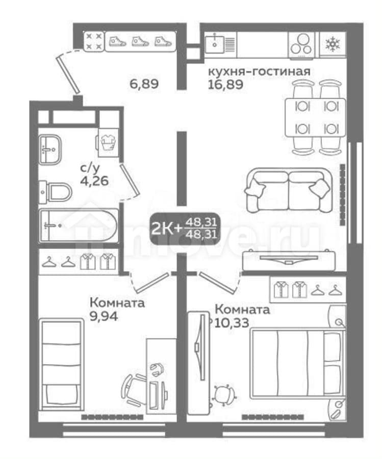 2-комн. квартира, 48.3 м²