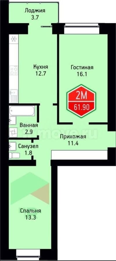 2-комн. квартира, 61.9 м²