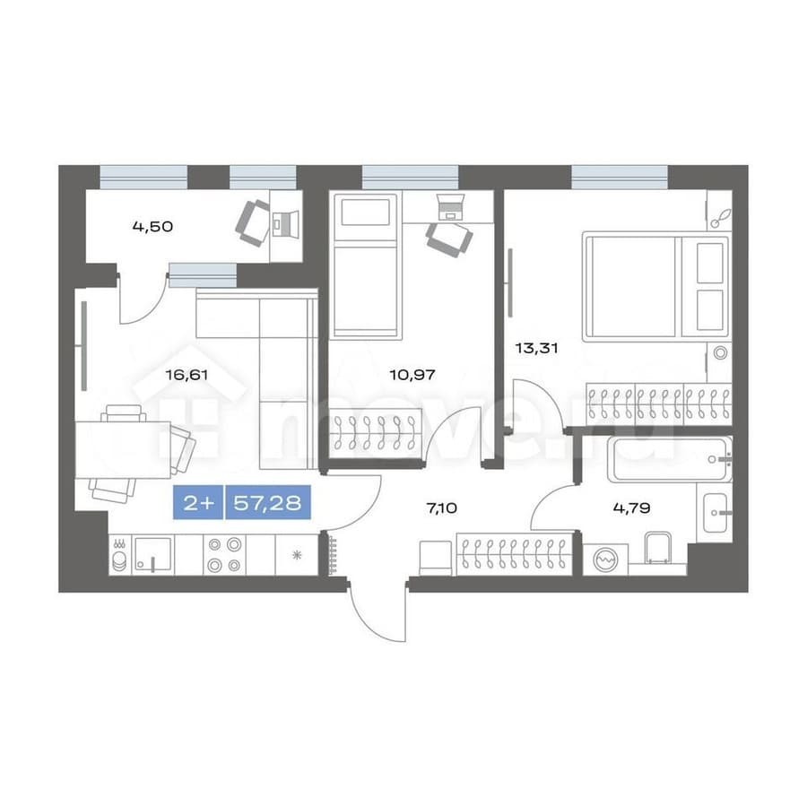 2-комн. квартира, 57.3 м²