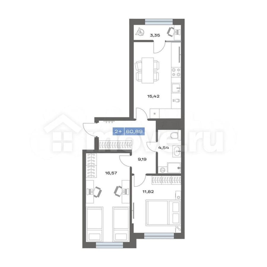 2-комн. квартира, 60.9 м²