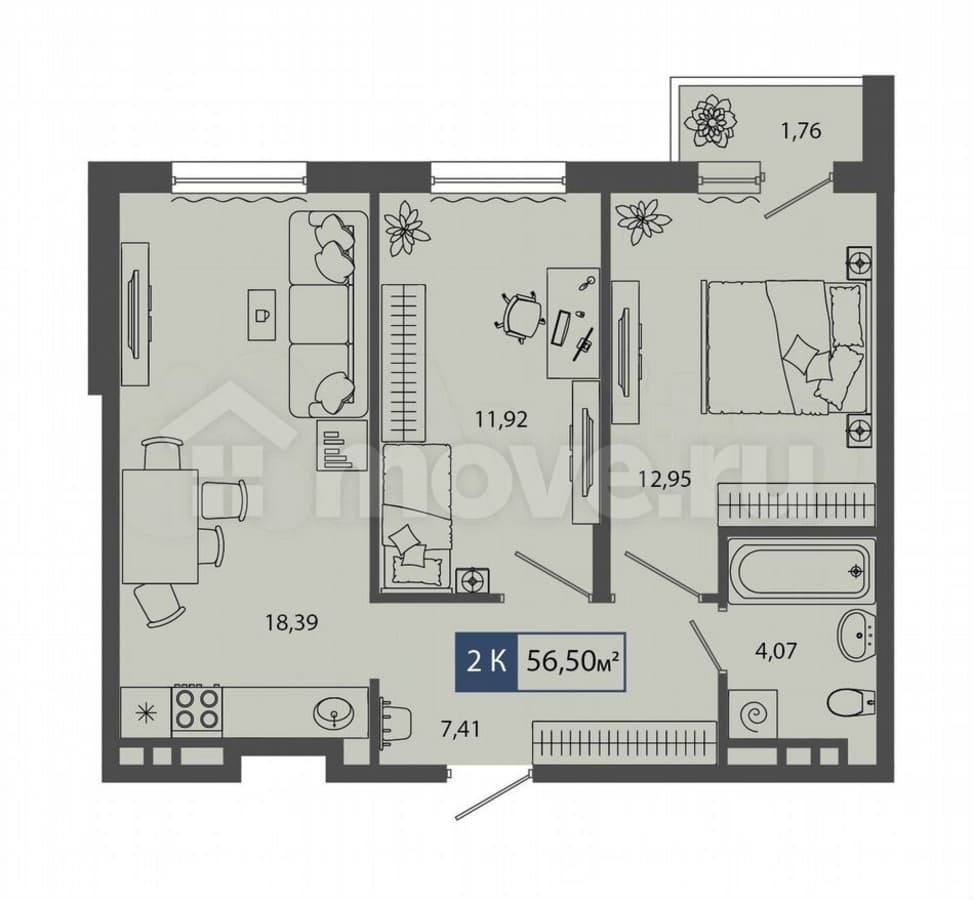 2-комн. квартира, 56.5 м²