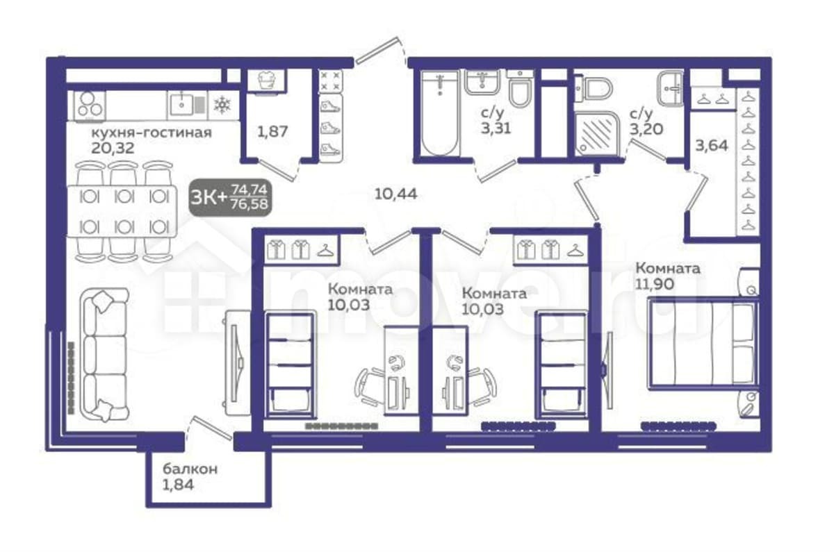 3-комн. квартира, 76.6 м²