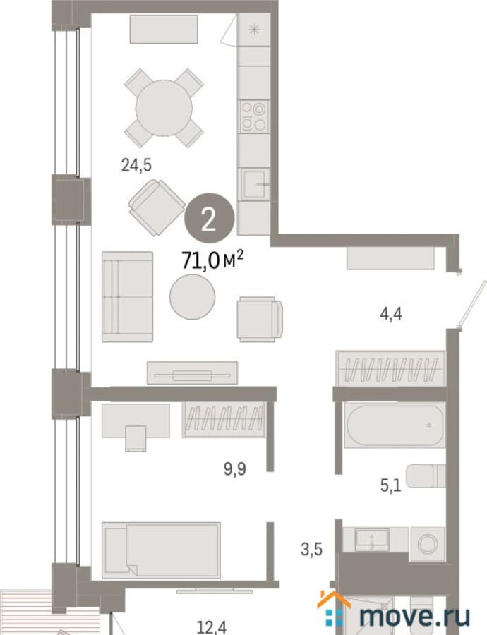 2-комн. квартира, 70.96 м²