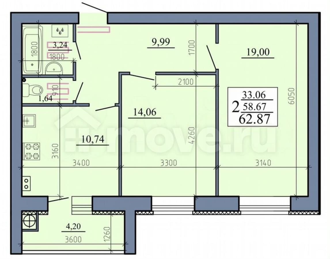 2-комн. квартира, 62.9 м²