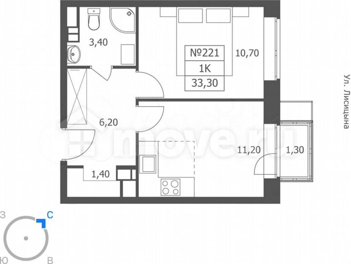 1-комн. квартира, 33.3 м²