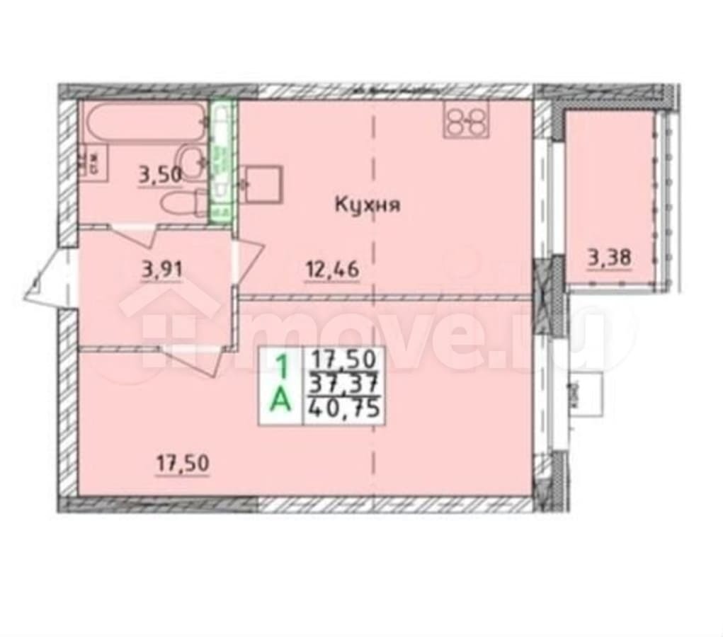 1-комн. квартира, 40.8 м²