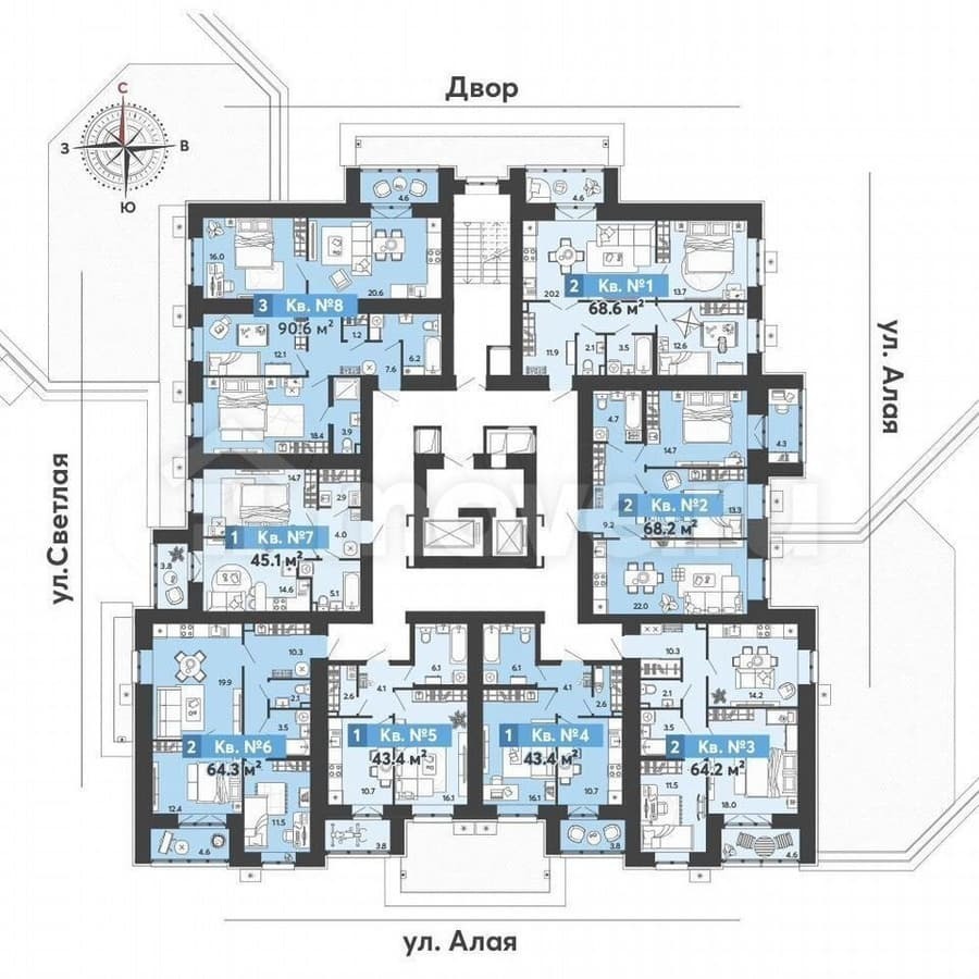 1-комн. квартира, 43.4 м²