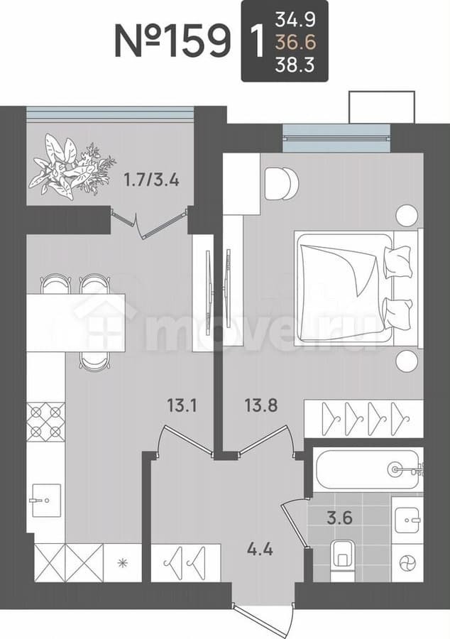 1-комн. квартира, 36.6 м²