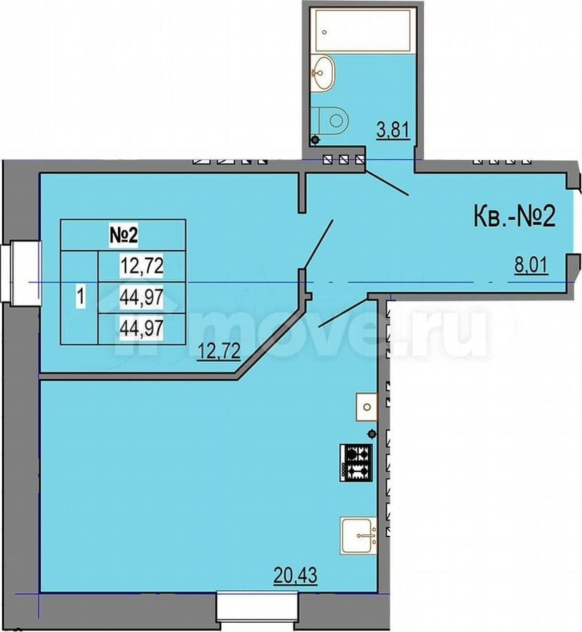 1-комн. квартира, 44.6 м²