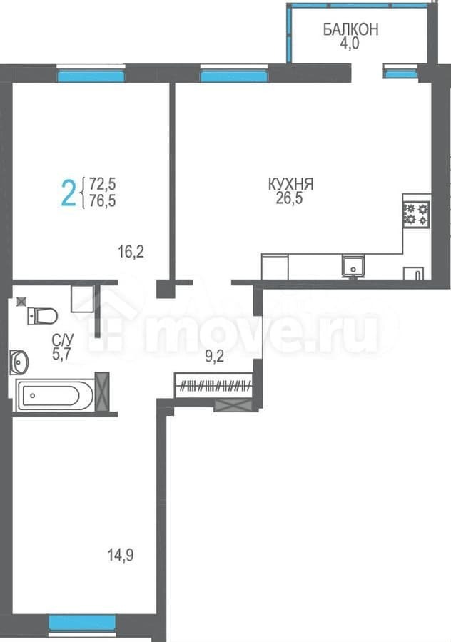 2-комн. квартира, 76.5 м²